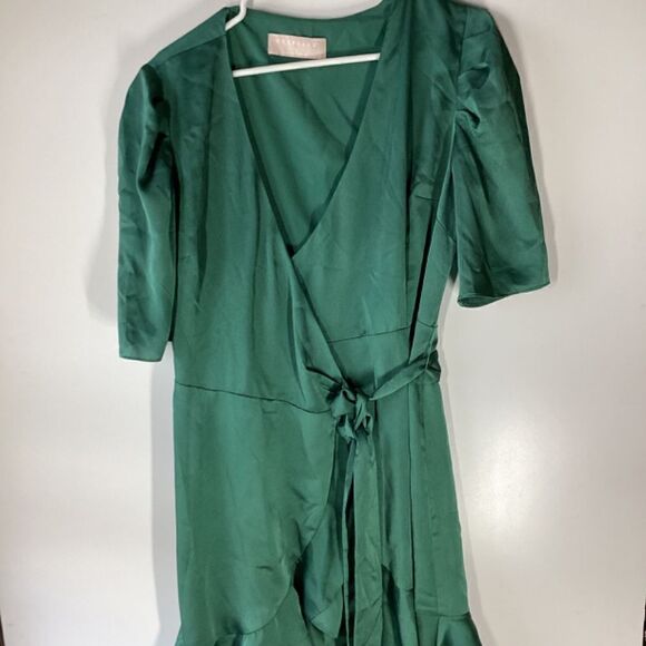 Keepsake The Label Green Satin Wrap Dress | Ruffle Short Sleeve Mini | Size L - Picture 7 of 15